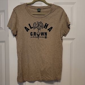 Green and Tan Short Sleeve T-Shirt with Graphic Design